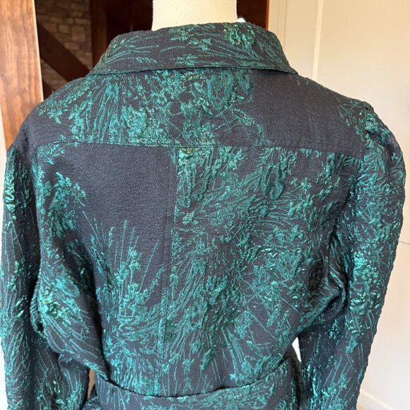 Teri Jon by Rickie Freeman Metallic Jacquard Midi Shirt Dress – Emerald Green - Picture 8 of 12